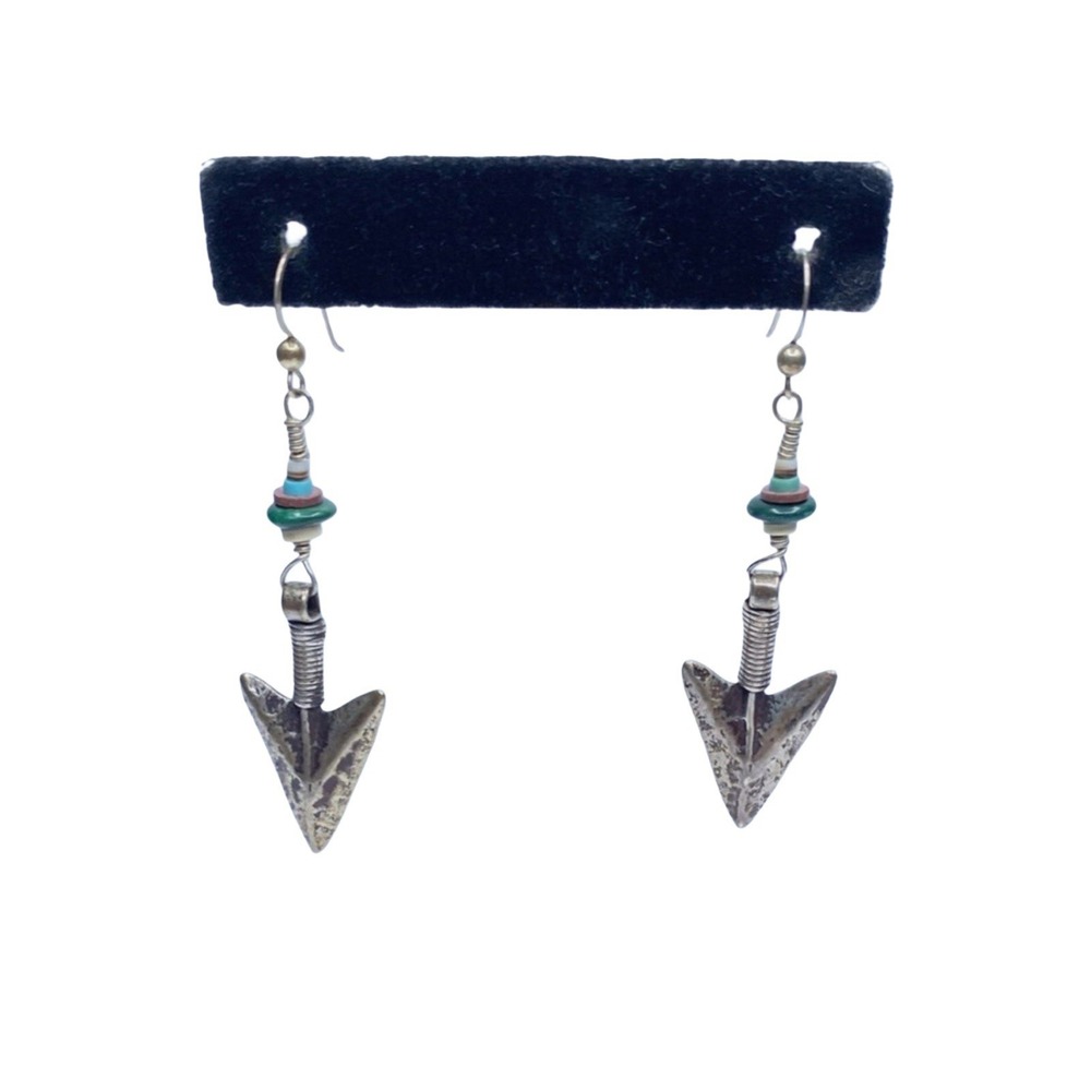 Custom Sterling‎ Silver Hammered Arrowhead Dangle Earrings 9.4g w Beads Boho